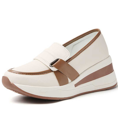 Women's beige brown retro strap panel slip on toe rocker shoe 01