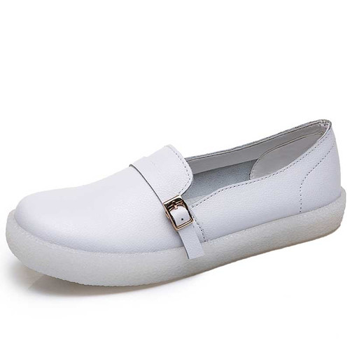 Women's white plain buckle strap slip on shoe loafer 0