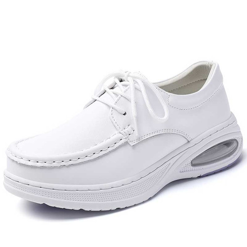 Women's white casual plain lace up nursing shoe 01