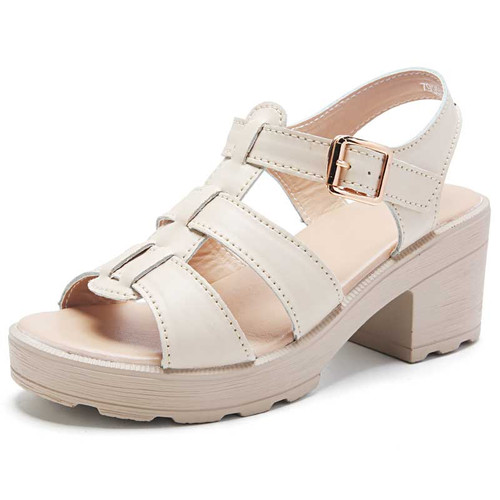 Women's beige plain retro cut out buckle chunky heel shoe sandal 01