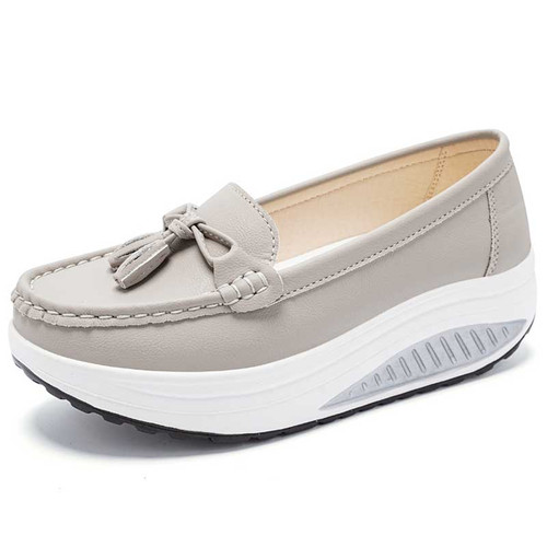 Women's grey tassel on top slip on rocker bottom shoe 01