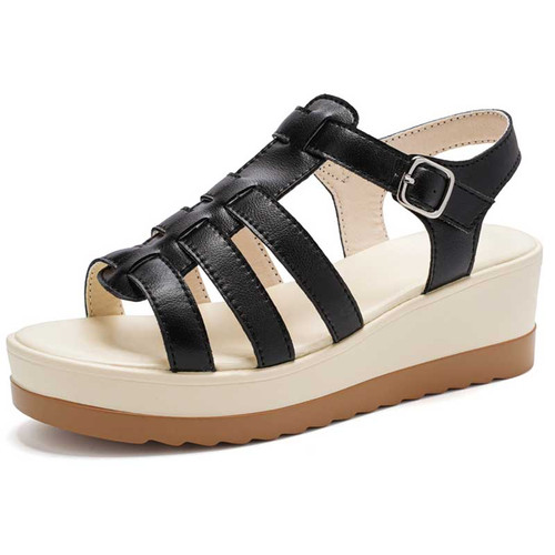 Women's black casual plain buckle wedge shoe sandal 01