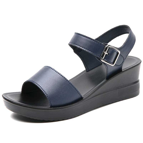Women's navy plain buckle accents velcro wedge shoe sandal 01