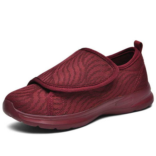 Women's maroon red wide velcro open vamp stripe nursing shoe sneaker 01