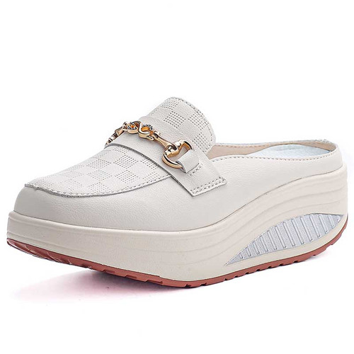 Women's beige check pattern metal buckle slip on rocker bottom shoe 01