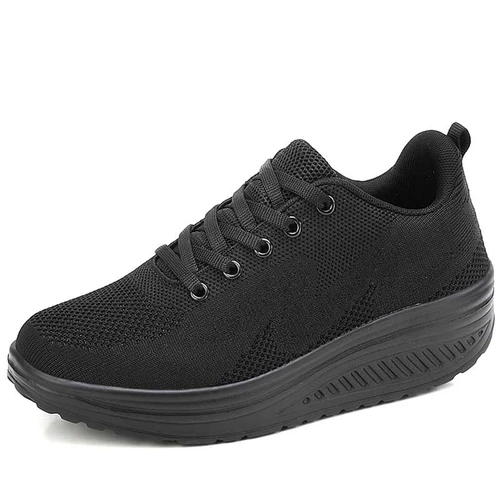 Women's black flyknit plain pattern texture rocker bottom shoe sneaker 01
