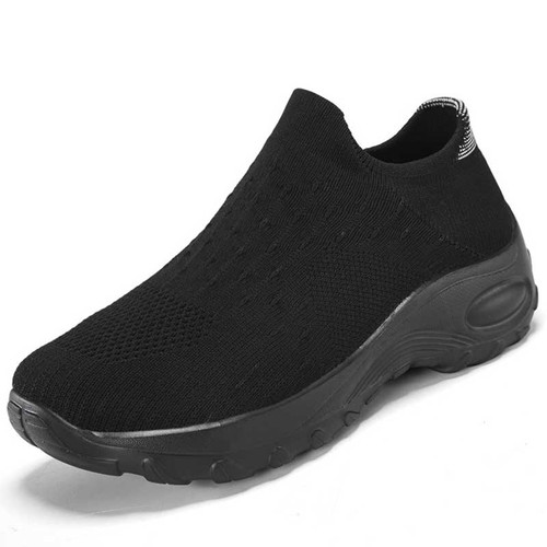 Women's black flyknit pattern sock like fit wide toe slip on shoe sneaker 01