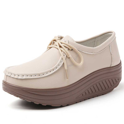 Women's beige sewn accents plain lace up rocker bottom shoe sneaker 01