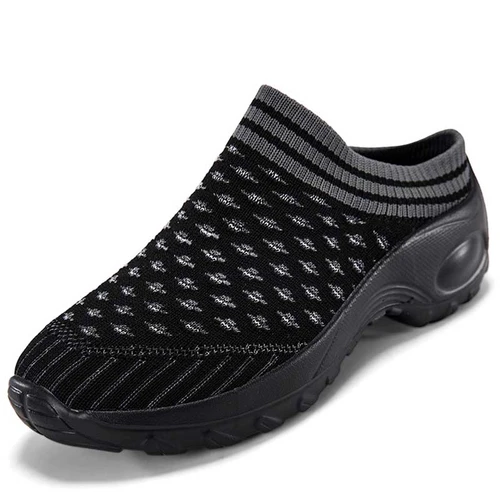 Women's black flyknit stripe texture slip on rocker bottom shoe mule 01