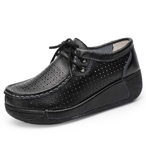 Women's black hollow out lace up rocker bottom shoe sneaker 01