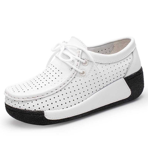 Women's white hollow out lace up rocker bottom shoe sneaker 01