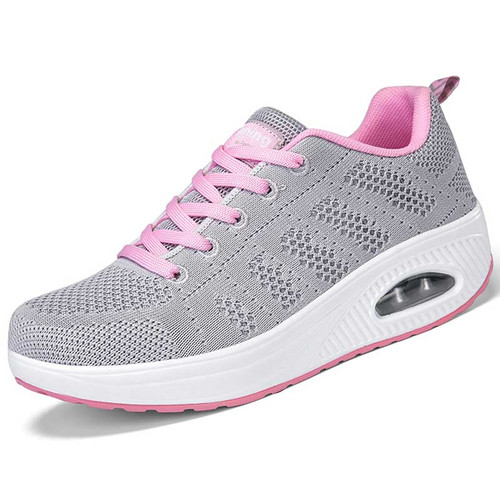 Women's grey flyknit label print rocker bottom shoe sneaker 01