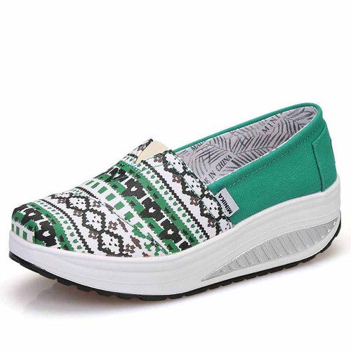 Green art pattern canvas slip on rocker bottom shoe 01