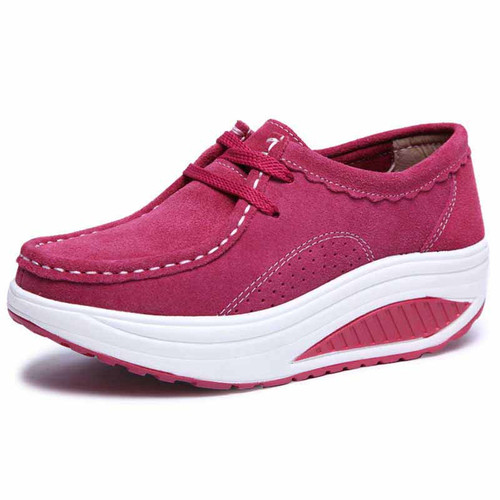 Women's rose red suede leather rocker bottom shoe sneaker 01