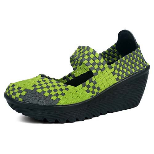 Green knit check pattern leather slip on wedge sandal 01