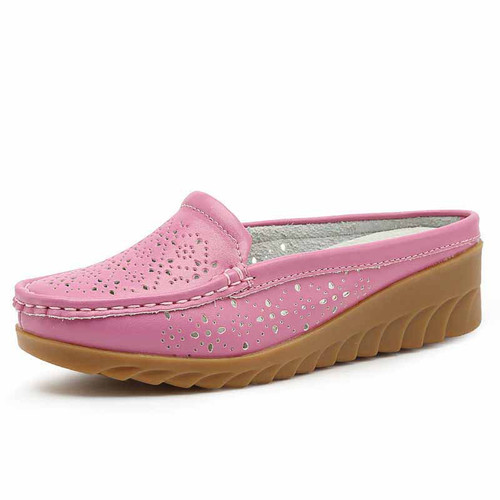 Pink carving hollow cut leather slip on shoe loafer 01