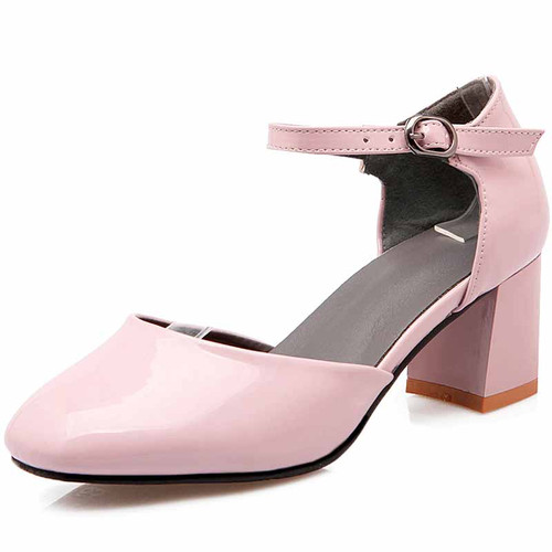 Pink buckle strap leather chunky heel shoe sandal 01