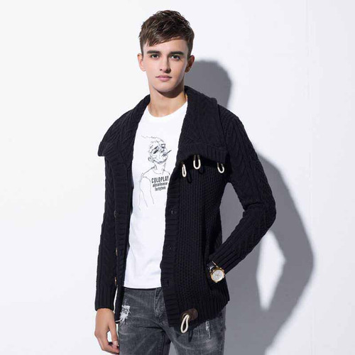 Men's black high neck texture button long sleeve knit sweater 08