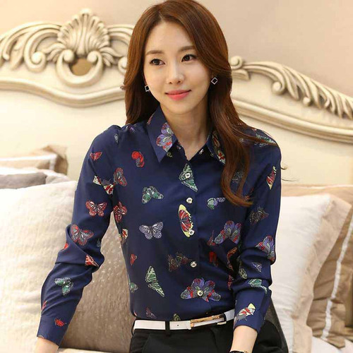 Navy graffiti butterfly print long sleeve button shirt 01