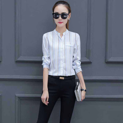 White stripe V neck long sleeve button shirt 01