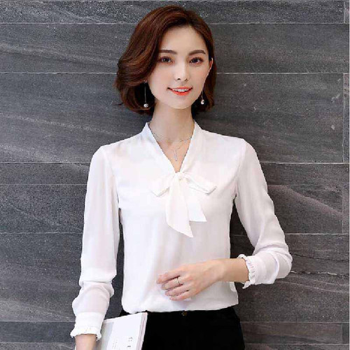 White butterfly neck tie long sleeve pull over shirt 01