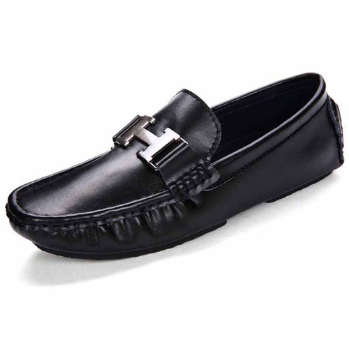 Black metal buckle leather slip on shoe loafer 01