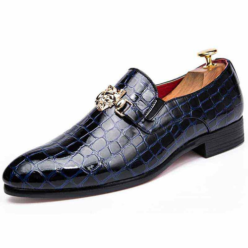 Blue check metal buckle leather slip on dress shoe 01