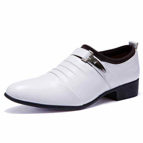 White pleated buckle strap leather slip on dress shoe 01