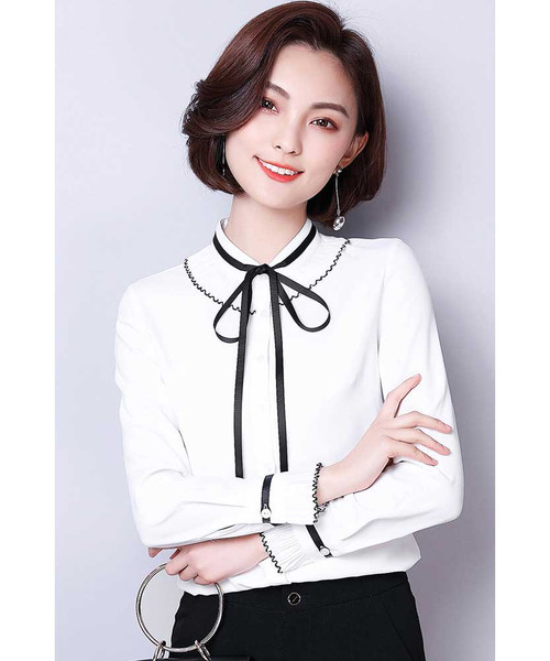 White contrast black long sleeve shirt with lace tie 01
