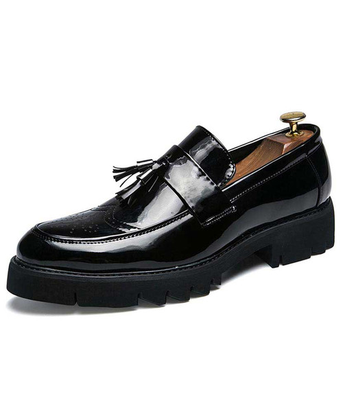 Black brogue tassel patent slip on dress shoe 01