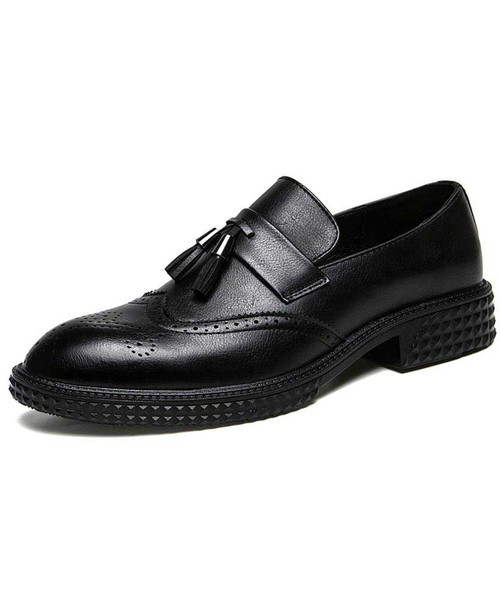 Black retro brogue tassel slip on dress shoe 01