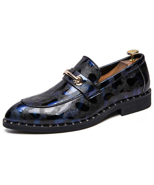 Blue camo pattern metal buckle slip on dress shoe 01