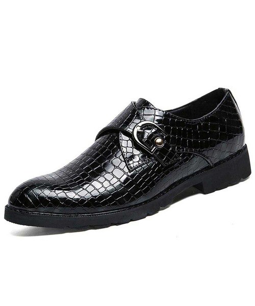 Black snake skin pattern buckle slip on dress shoe 01