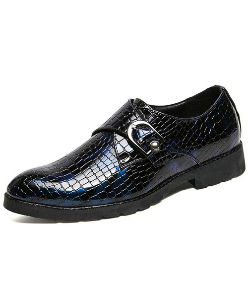 Blue snake skin pattern buckle slip on dress shoe 01