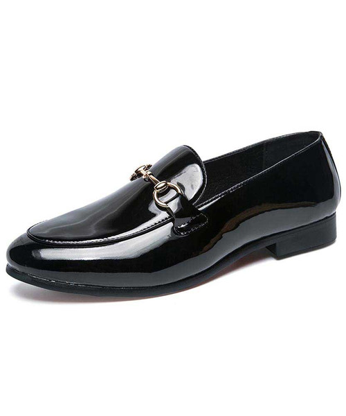 Black patent leather buckle slip on dress shoe 01