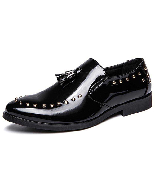 Black rivet leather slip on dress shoe with tassel 01