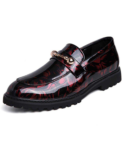 Black red floral pattern buckle leather slip on dress shoe 01