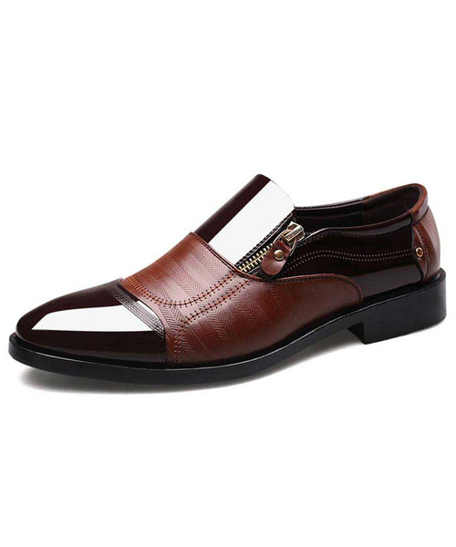 Brown zip patent leather slip on dress shoe 01