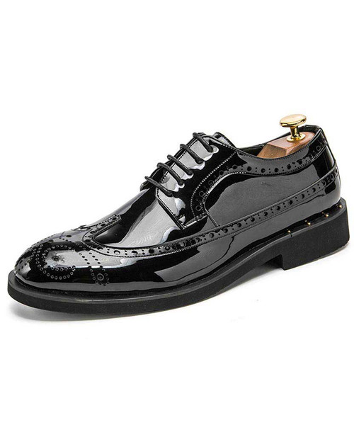 Black brogue patent leather derby dress shoe 01