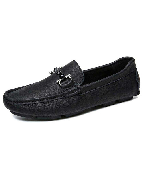 Black leather slip on shoe loafer with metal buckle 01