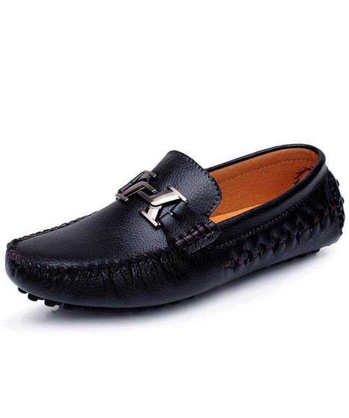 Black metal buckle hollow leather slip on shoe loafer 01