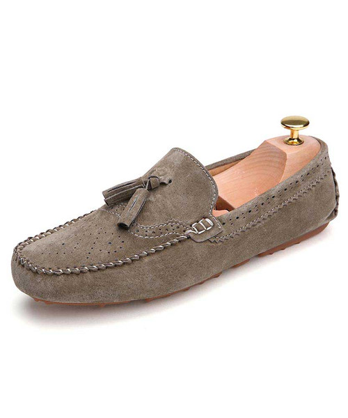 Khaki brogue leather slip on shoe loafer with tassel 01