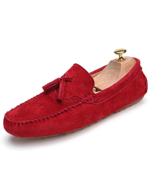 Red brogue leather slip on shoe loafer with tassel 01