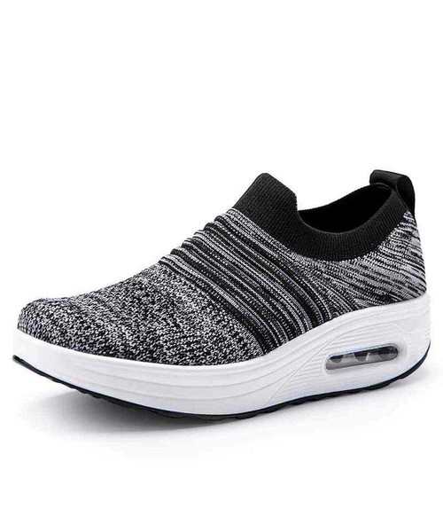 Dark grey flyknit stripe slip on rocker bottom shoe sneaker 01