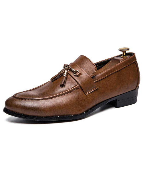 Brown tassel buckle leather slip on dress shoe 01