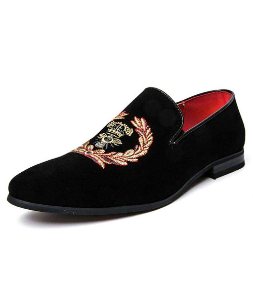 Black classic pattern nubuck leather slip on dress shoe 01