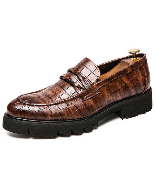 Brown check twist buckle leather slip on dress shoe 01