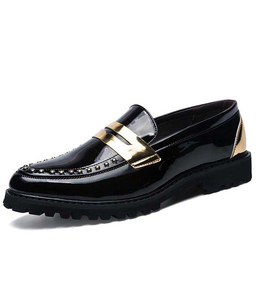 Black golden rivet leather slip on dress shoe 01