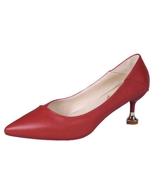 Red mid heel slip on dress shoe in plain 01