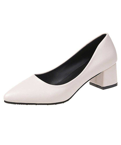 Beige slip on mid thick heel dress shoe point toe 01